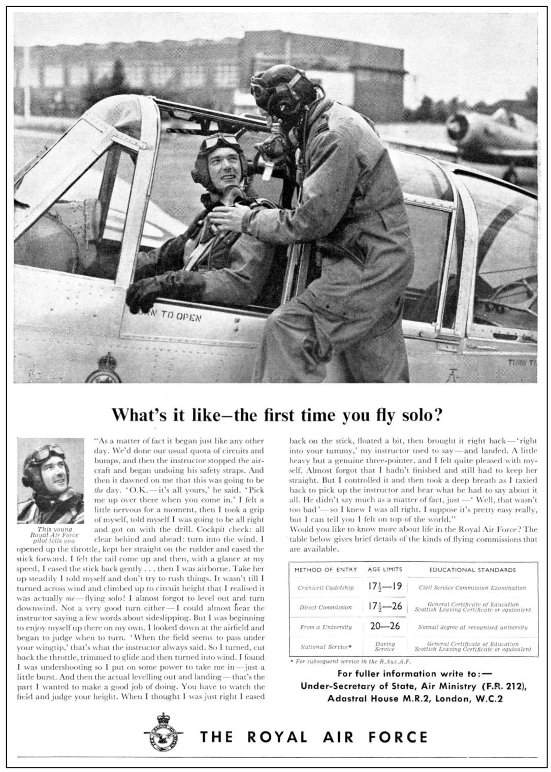 1955 RAF Recruitment Advert Featuring A Student Pilot About To Make His First Solo Flight In A  Chipmunk Aircraft